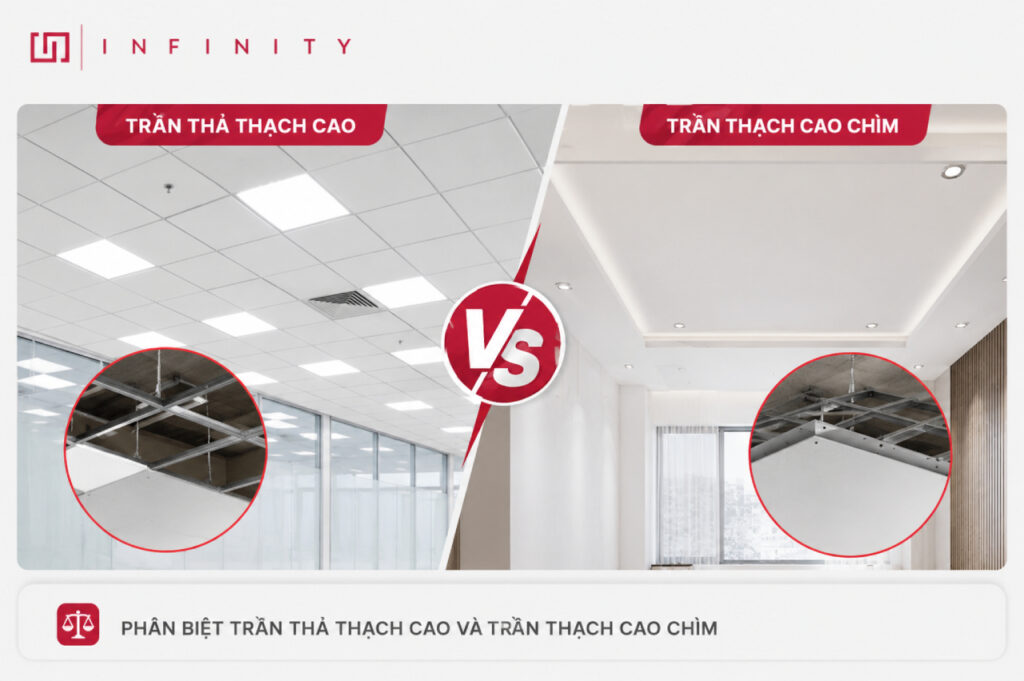 Phân biệt trần thả thạch cao và trần thạch cao chìm