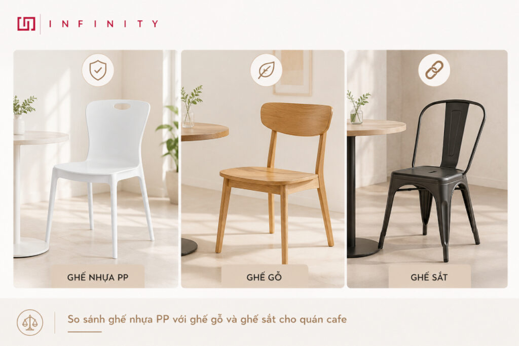 So sánh ghế nhựa PP với ghế gỗ và ghế sắt cho quán cafe